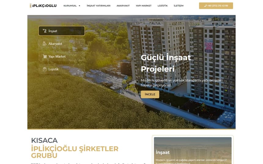 İplikçioğlu İnşaat web sitesinin ana sayfası
